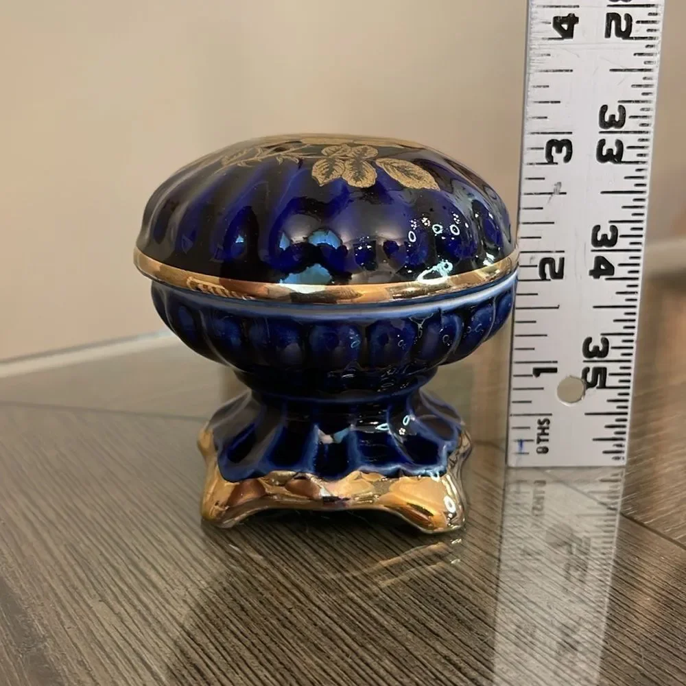 Vintage Cobalt Blue & Gold Footed Trinket Box